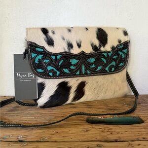 Myra Bag Cowhide Crossbody with Teal Embroidery